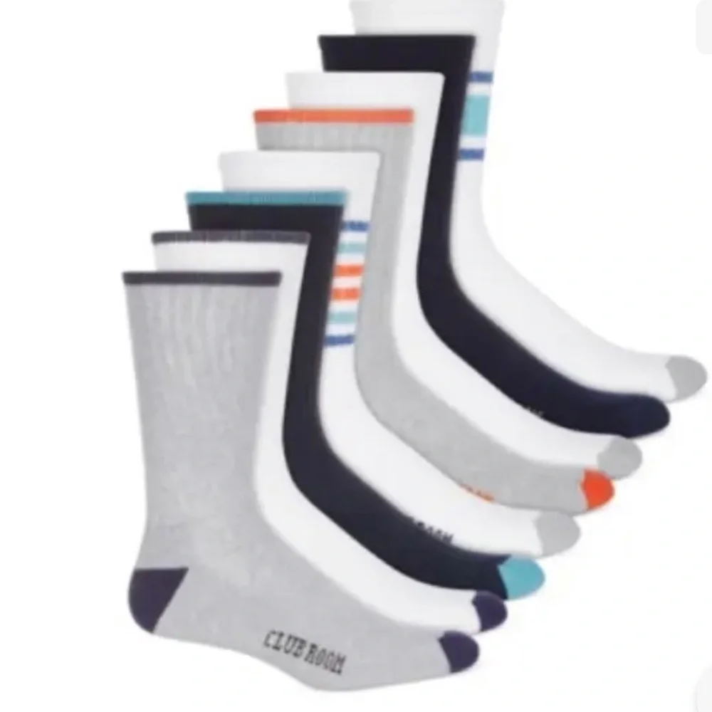 Club Room Crew Striped Socks 8-Pack Pairs Navy/Orange/Blue 10-13. NWT $40.